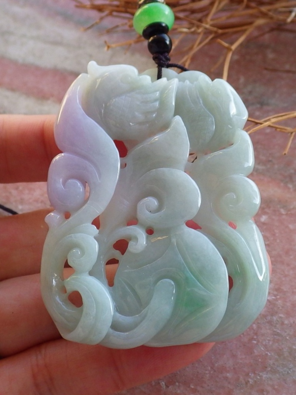 Certified Natural A Jade Jadeite Phoenix Mandarin Duck Ruyi Pendant Necklace